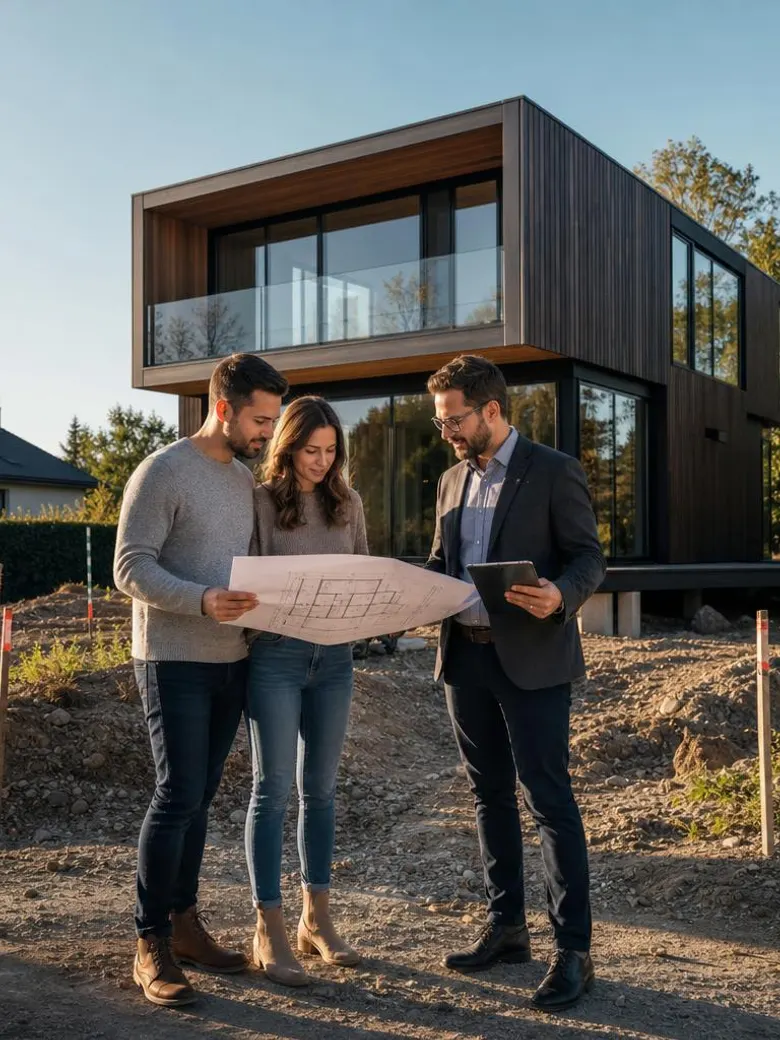 Fertighaus-Planung am Grundstück: Welches Fertighaus passt auf mein Grundstück? Bauherren-Paar bespricht mit Architekt Grundriss und Baupläne auf dem eigenen Grundstück – im Hintergrund ein modernes Fertighaus mit Holz-Glas-Fassade, das perfekt auf das Grundstück geplant wurde