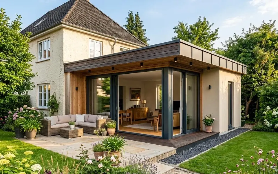 Fertighaus Anbau: moderner Flachdach-Anbau mit Glasfront erweitert ein Bestandshaus zum Garten – Modulpreise 2026 Fertighaus Anbau: moderner Flachdach-Anbau mit Glasfront erweitert ein Bestandshaus zum Garten – Modulpreise 2026