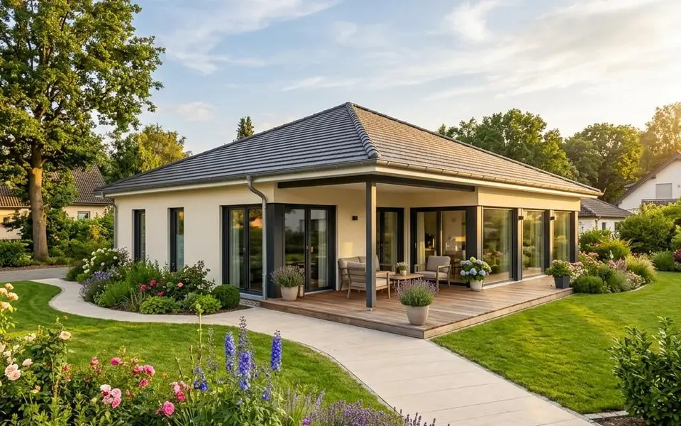 Fertighaus Bungalow: ebenerdiger Neubau mit Walmdach, überdachter Terrasse und stufenlosem Eingang – barrierefrei bauen 2026 Fertighaus Bungalow: ebenerdiger Neubau mit Walmdach, überdachter Terrasse und stufenlosem Eingang – barrierefrei bauen 2026