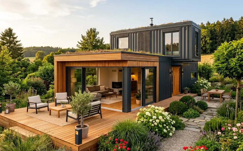 Fertighaus Containerhaus mit anthrazitfarbener Fassade, Holzdeck und Glasschiebetür im Industrial-Stil – Kosten 2026 Fertighaus Containerhaus mit anthrazitfarbener Fassade, Holzdeck und Glasschiebetür im Industrial-Stil – Kosten 2026