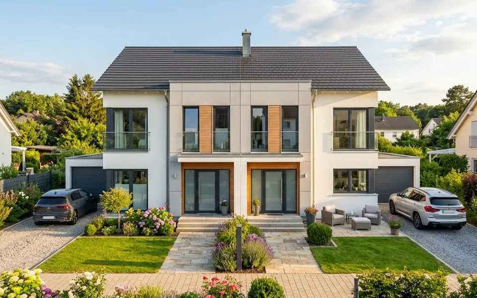 Fertighaus Doppelhaus mit zwei gespiegelten Haushälften und separaten Eingängen – Baukosten je Wohneinheit 2026 kalkulieren Fertighaus Doppelhaus mit zwei gespiegelten Haushälften und separaten Eingängen – Baukosten je Wohneinheit 2026 kalkulieren