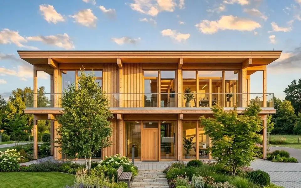 Fertighaus Gewerbebau: zweigeschossiges Bürogebäude in Holz-Hybrid-Bauweise mit Holz-Glas-Fassade – Festpreis 2026 Fertighaus Gewerbebau: zweigeschossiges Bürogebäude in Holz-Hybrid-Bauweise mit Holz-Glas-Fassade – Festpreis 2026