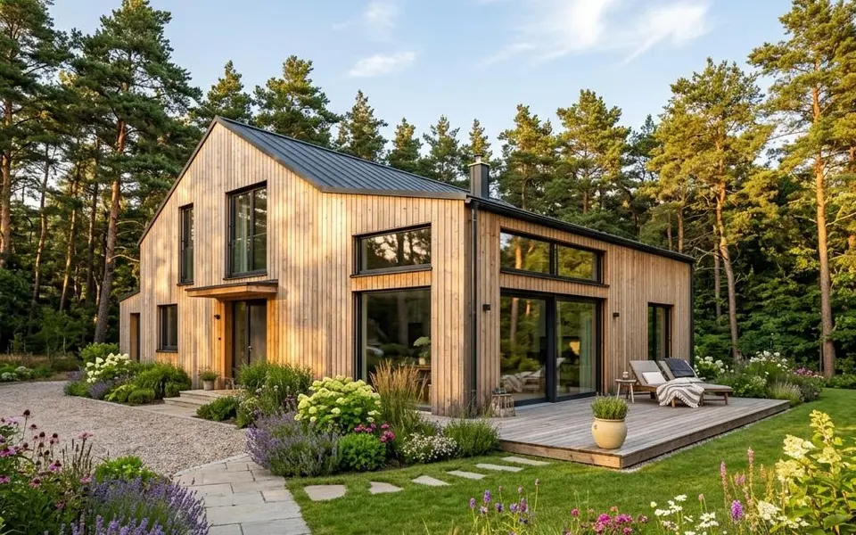 Fertighaus Holzhaus im skandinavischen Stil mit heller Lärchenholzfassade und großen Fenstern zwischen Kiefern – Preise pro m² 2026 Fertighaus Holzhaus im skandinavischen Stil mit heller Lärchenholzfassade und großen Fenstern zwischen Kiefern – Preise pro m² 2026