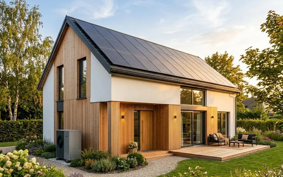 Fertighaus KfW-40-Effizienzhaus mit Photovoltaik-Dach und Wärmepumpe an der Fassade – maximale Förderung 2026 Fertighaus KfW-40-Effizienzhaus mit Photovoltaik-Dach und Wärmepumpe an der Fassade – maximale Förderung 2026
