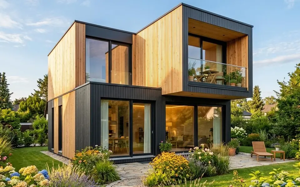 Fertighaus Modulhaus aus zwei gestapelten Raummodulen mit Anthrazit-Holz-Fassade und modernem Garten – Preise 2026 Fertighaus Modulhaus aus zwei gestapelten Raummodulen mit Anthrazit-Holz-Fassade und modernem Garten – Preise 2026