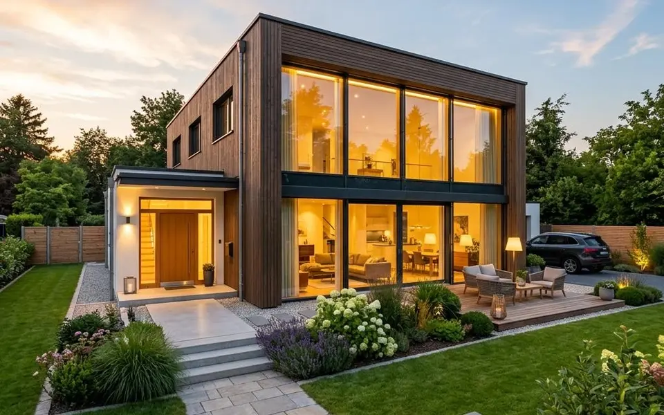 Fertighaus schlüsselfertig: bezugsfertiges Haus in der Abenddämmerung mit beleuchteter Glasfront und fertigem Garten – Festpreis 2026 Fertighaus schlüsselfertig: bezugsfertiges Haus in der Abenddämmerung mit beleuchteter Glasfront und fertigem Garten – Festpreis 2026