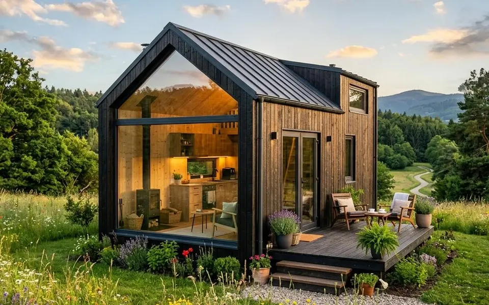 Fertighaus Tiny House mit dunkler Holzfassade, Panoramafenster und Holzterrasse auf der Blumenwiese – Minihaus-Preise 2026 Fertighaus Tiny House mit dunkler Holzfassade, Panoramafenster und Holzterrasse auf der Blumenwiese – Minihaus-Preise 2026