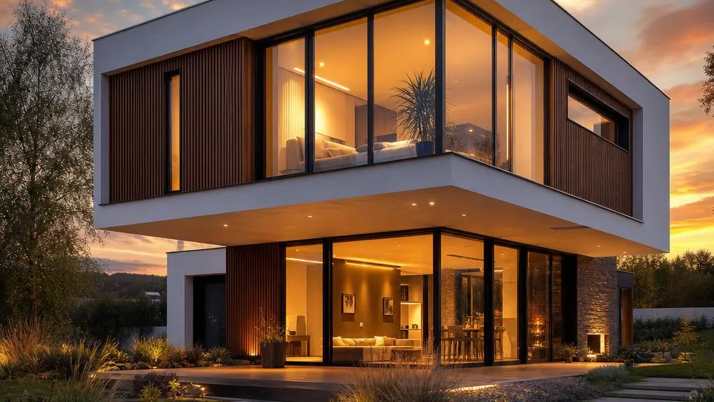 Architektenhaus als Fertighaus: ultramoderne Architektur mit Glas und Holz Ultramodernes Architektenhaus als Fertighaus in der Abenddämmerung: kubische Architektur mit auskragendem Obergeschoss, bodentiefen Glasfronten und dunkler Holzfassade – Fertighaus individuell planen auf fertighaus-architekt.de