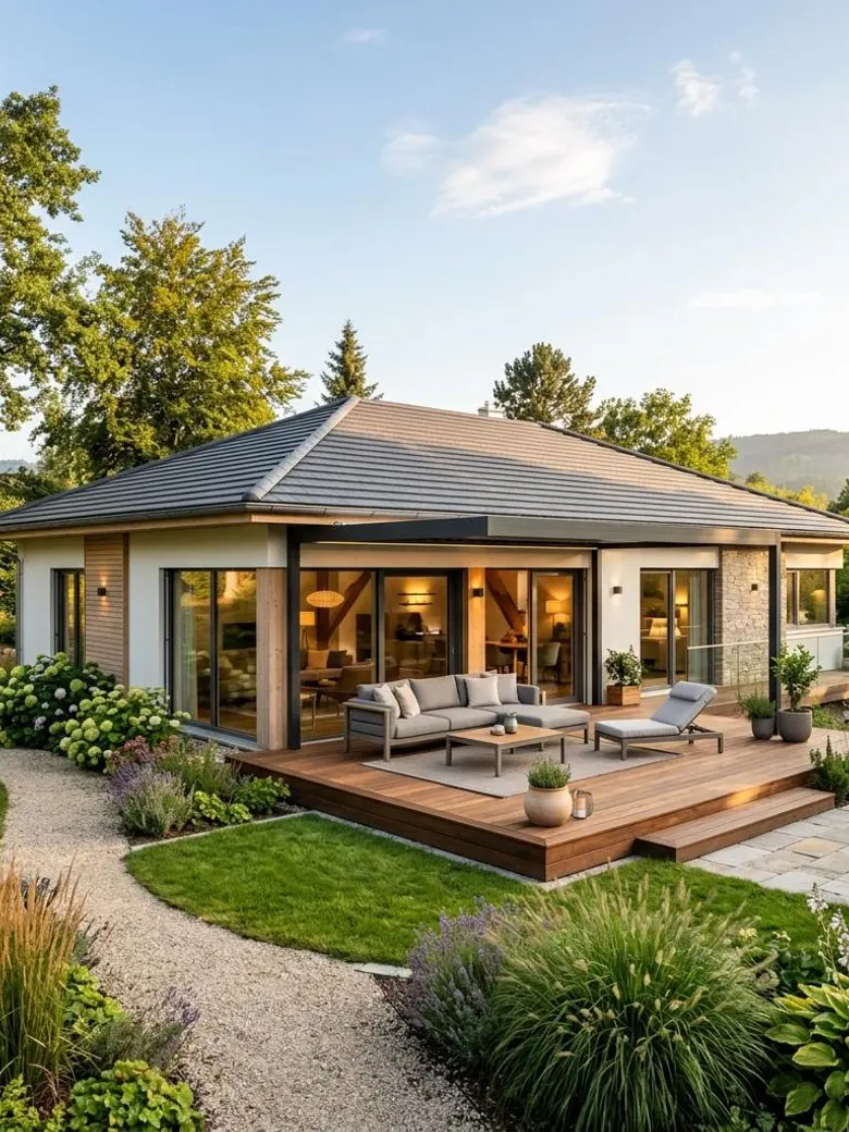 Kosten Fertighaus Bungalow Preise vergleichen Kosten Fertighaus Bungalow Preise vergleichen – luxuriöser ebenerdiger Fertighaus-Bungalow mit Sonnenterrasse und gepflegtem Garten